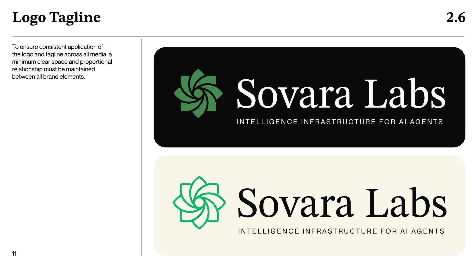 A page titled Logo Tagline: the same lockup with the icon in green.