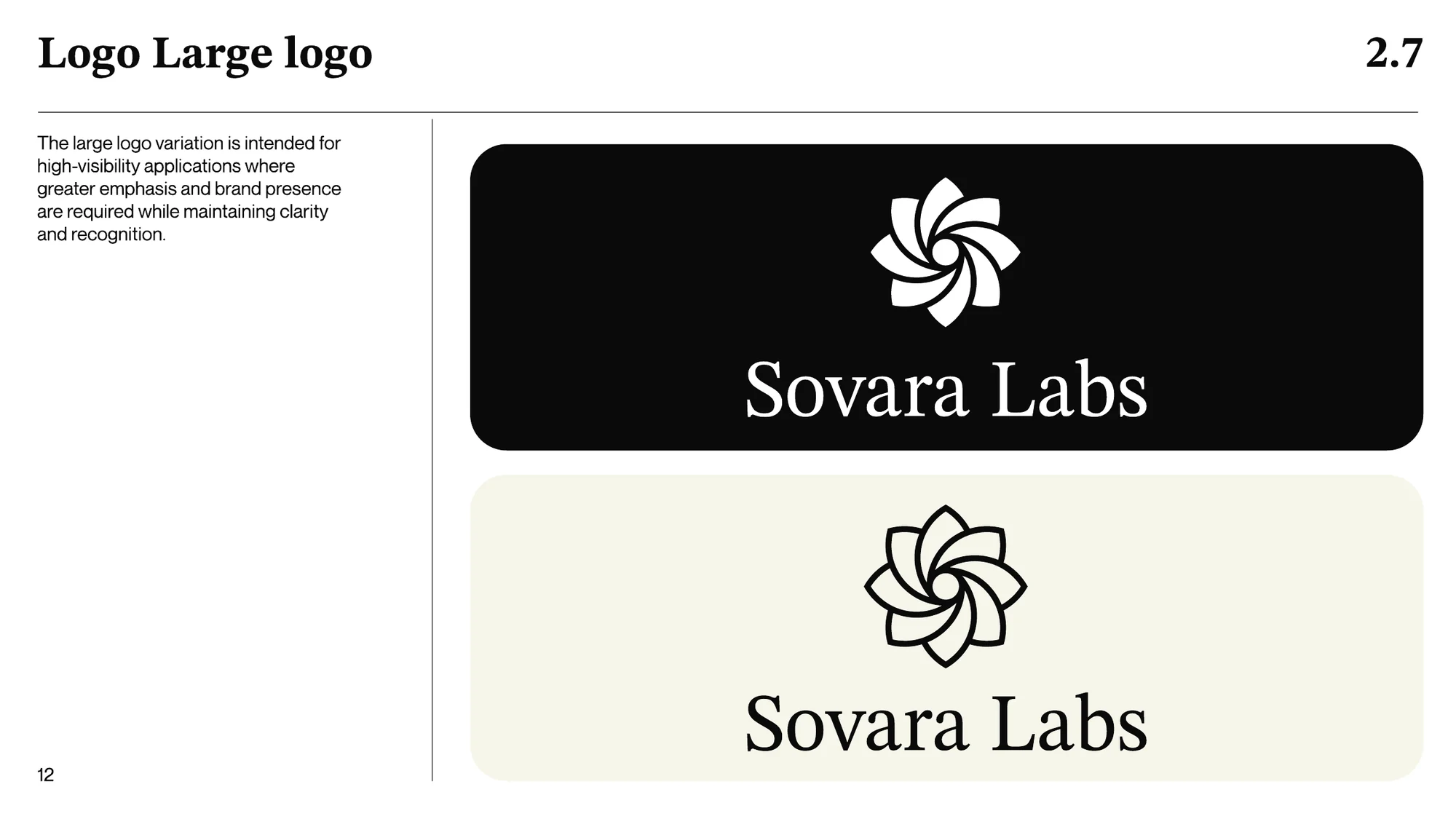 A page titled Logo Large logo: the icon large above the name, in white on black and in black on cream.