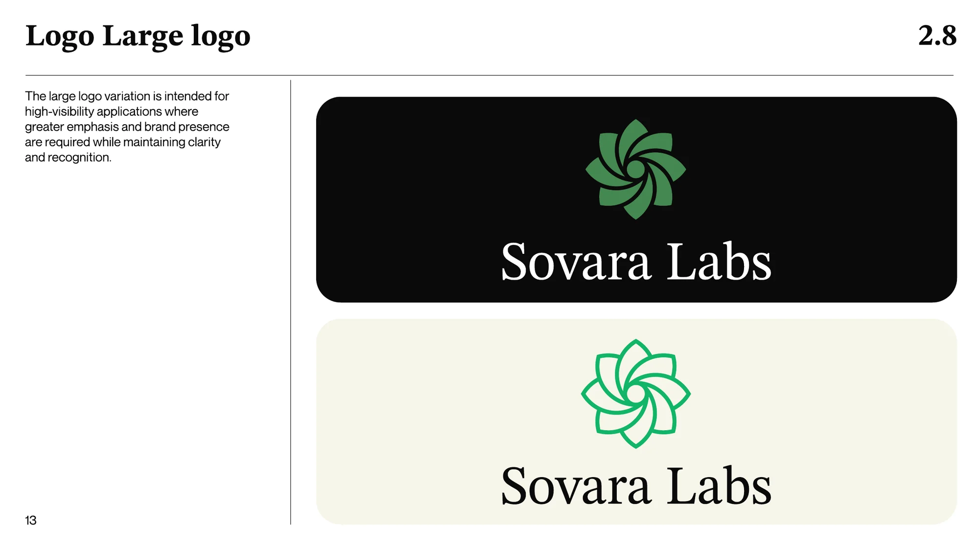 A page titled Logo Large logo: the icon in green above the name, on black and on cream.