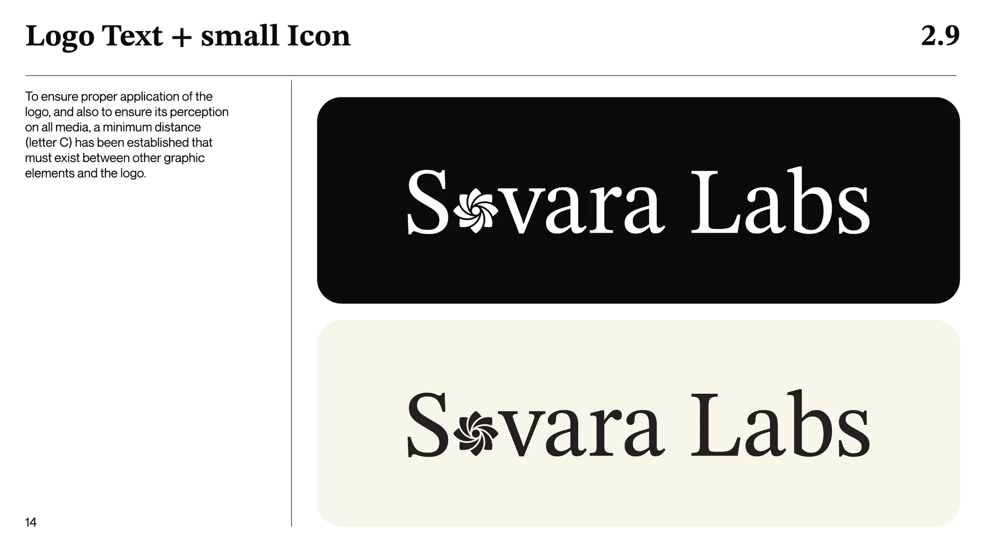A page titled Logo Text + small Icon: the name with a small icon in place of the letter o, in white on black and in black on cream.