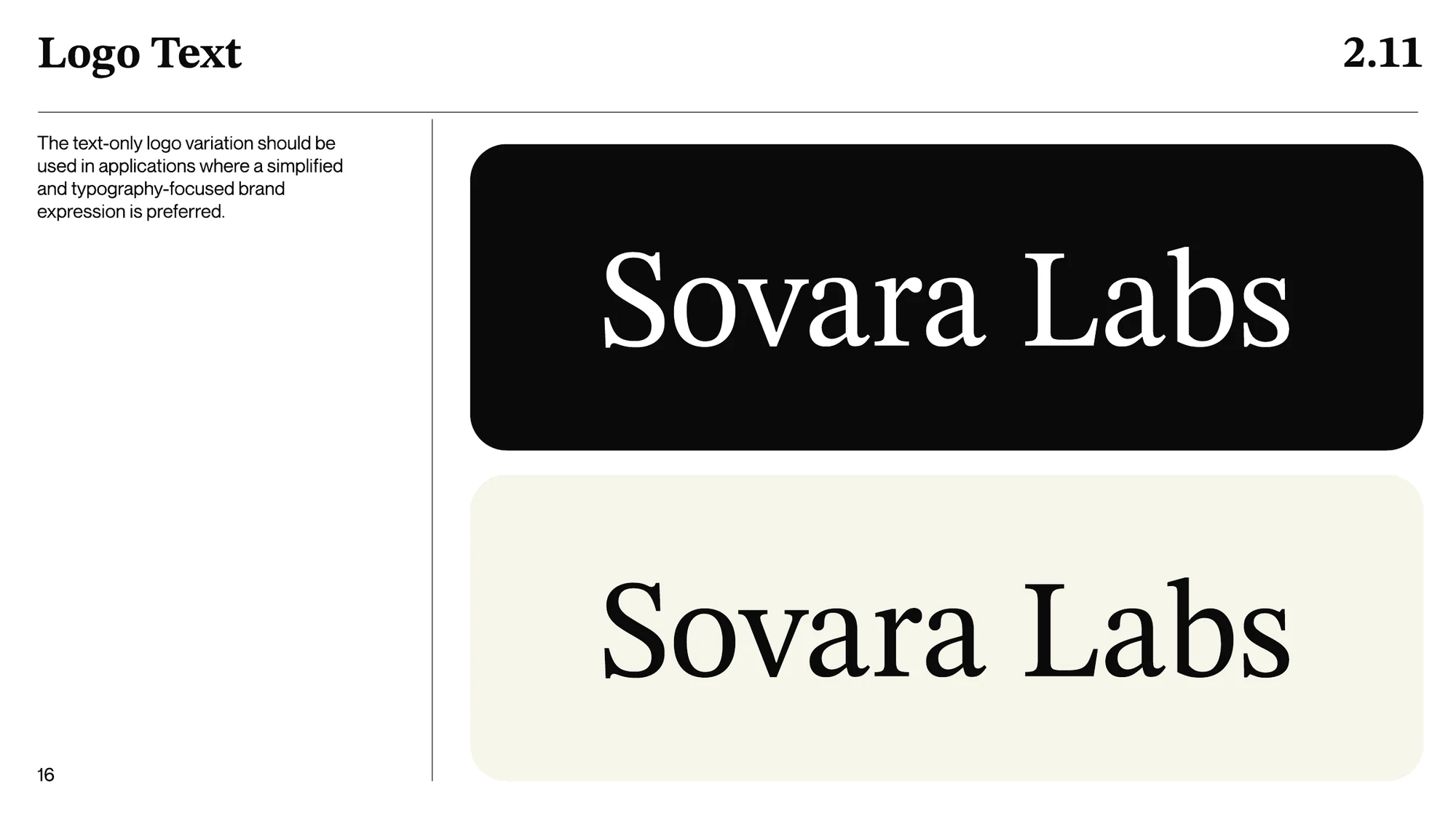 A page titled Logo Text: the name Sovara Labs alone in a serif face, in white on black and in black on cream.