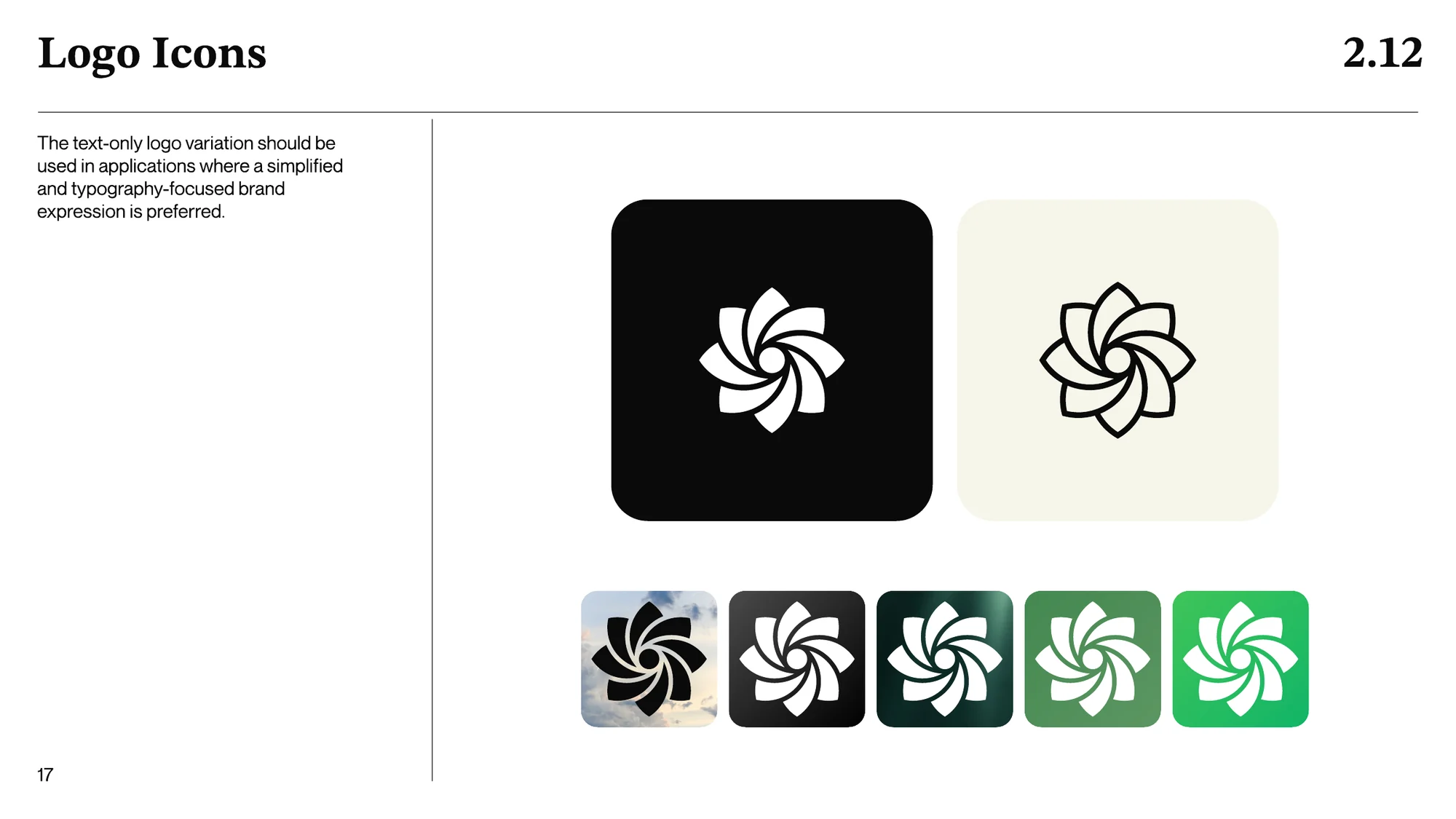 A page titled Logo Icons: the icon in white on a black tile and in black on a cream tile, and below them five small tiles in black, dark green, green and bright green.