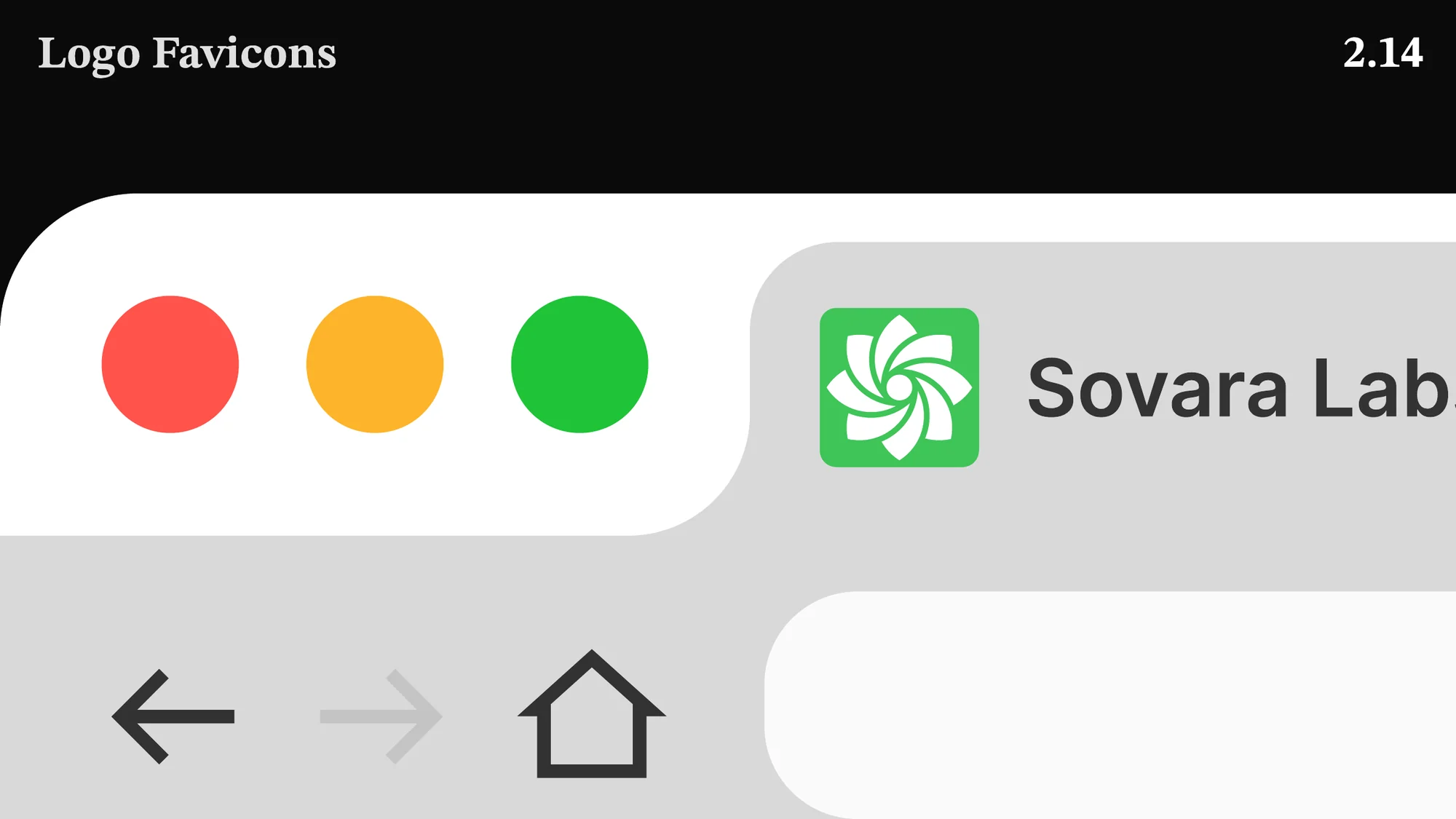 A page titled Logo Favicons: a close view of a browser tab with a green icon tile and the name Sovara Labs.