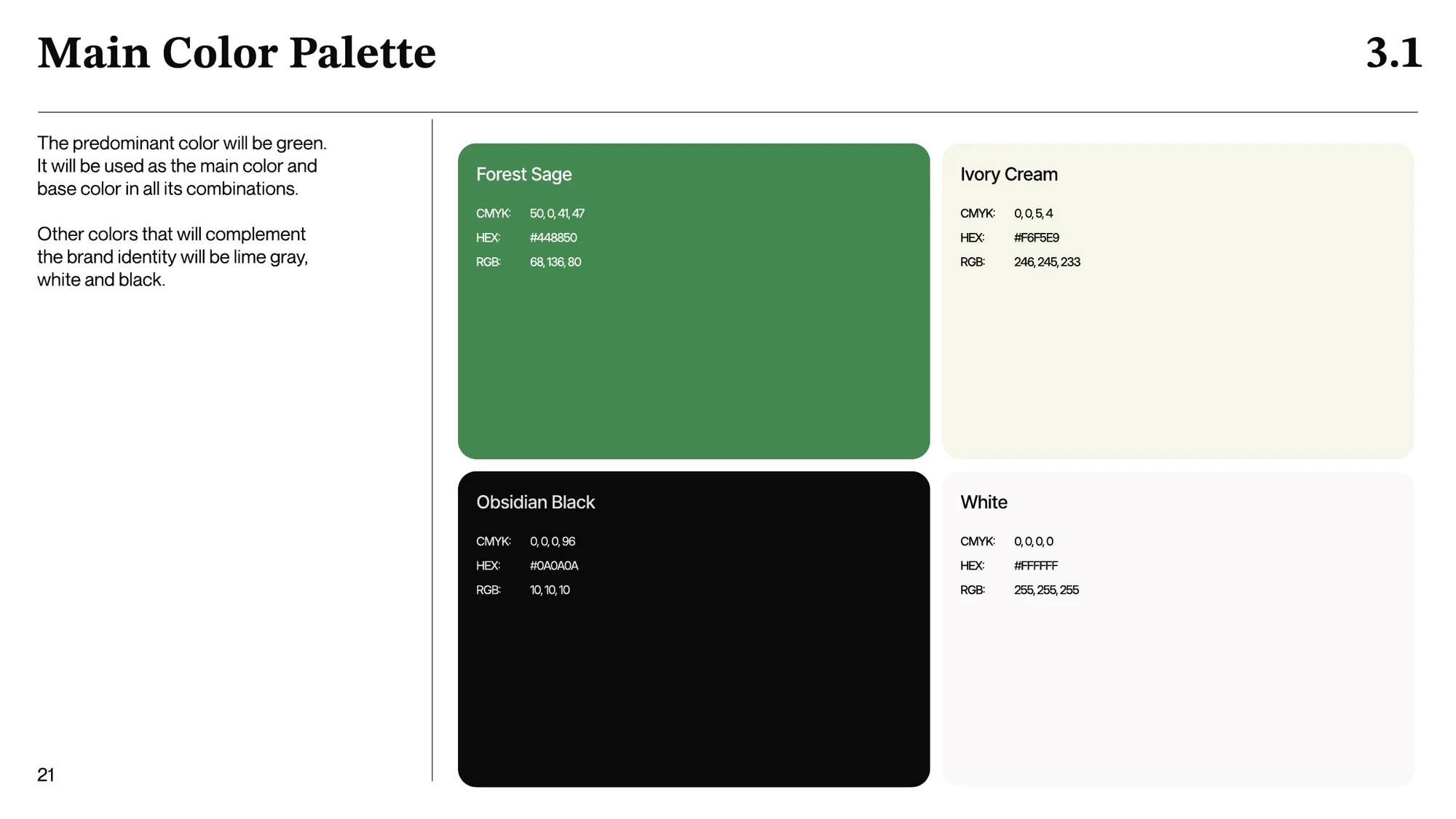 A page titled Main Color Palette: four large tiles named Forest Sage, Ivory Cream, Obsidian Black and White with their codes.