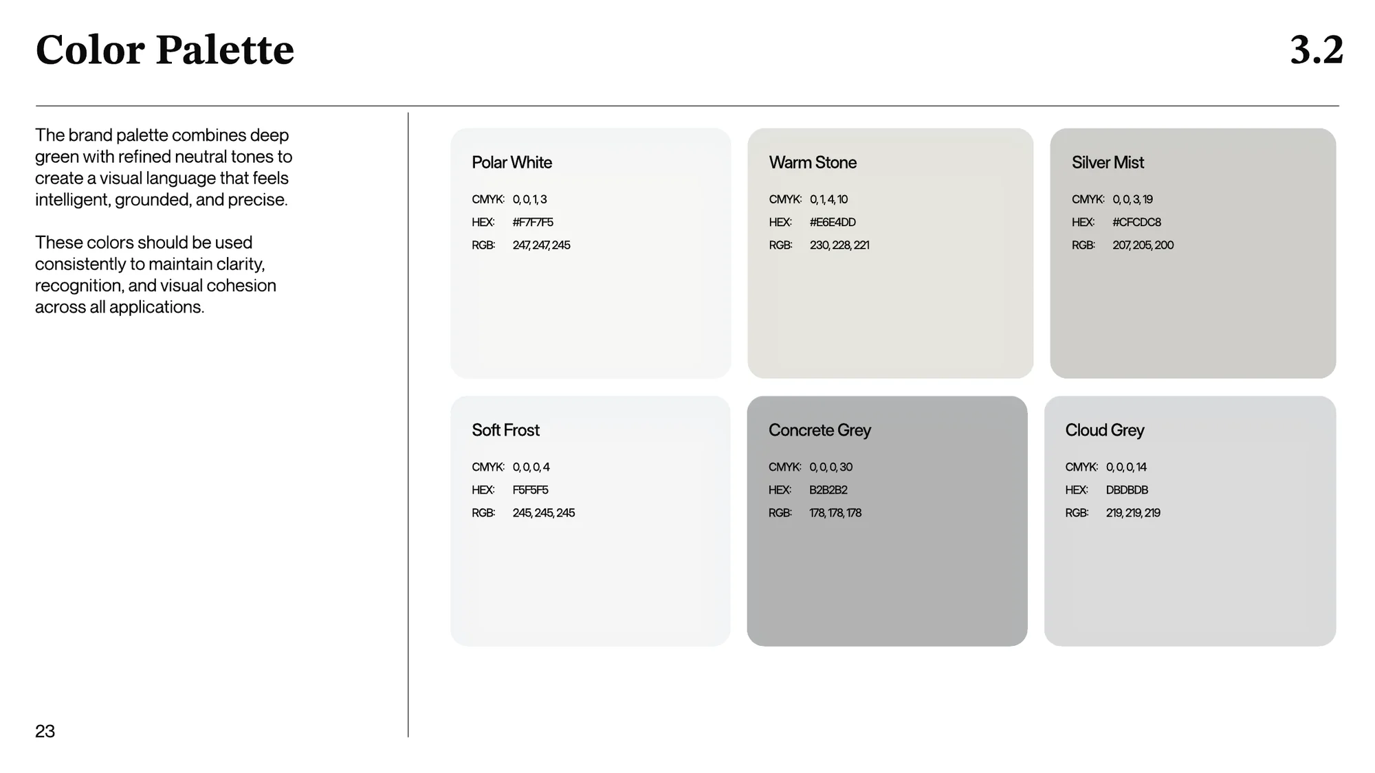 A page titled Color Palette: six tiles of light neutral tones named Polar White, Warm Stone, Silver Mist, Soft Frost, Concrete Grey and Cloud Grey with their codes.