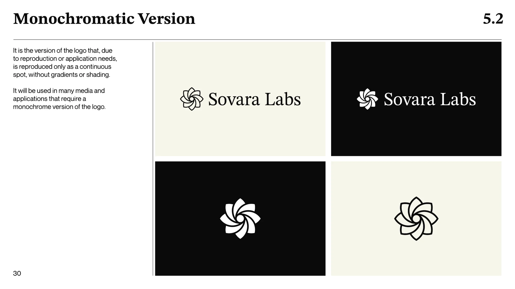 A page titled Monochromatic Version: the logo in black on cream and white on black, and the icon alone in both.