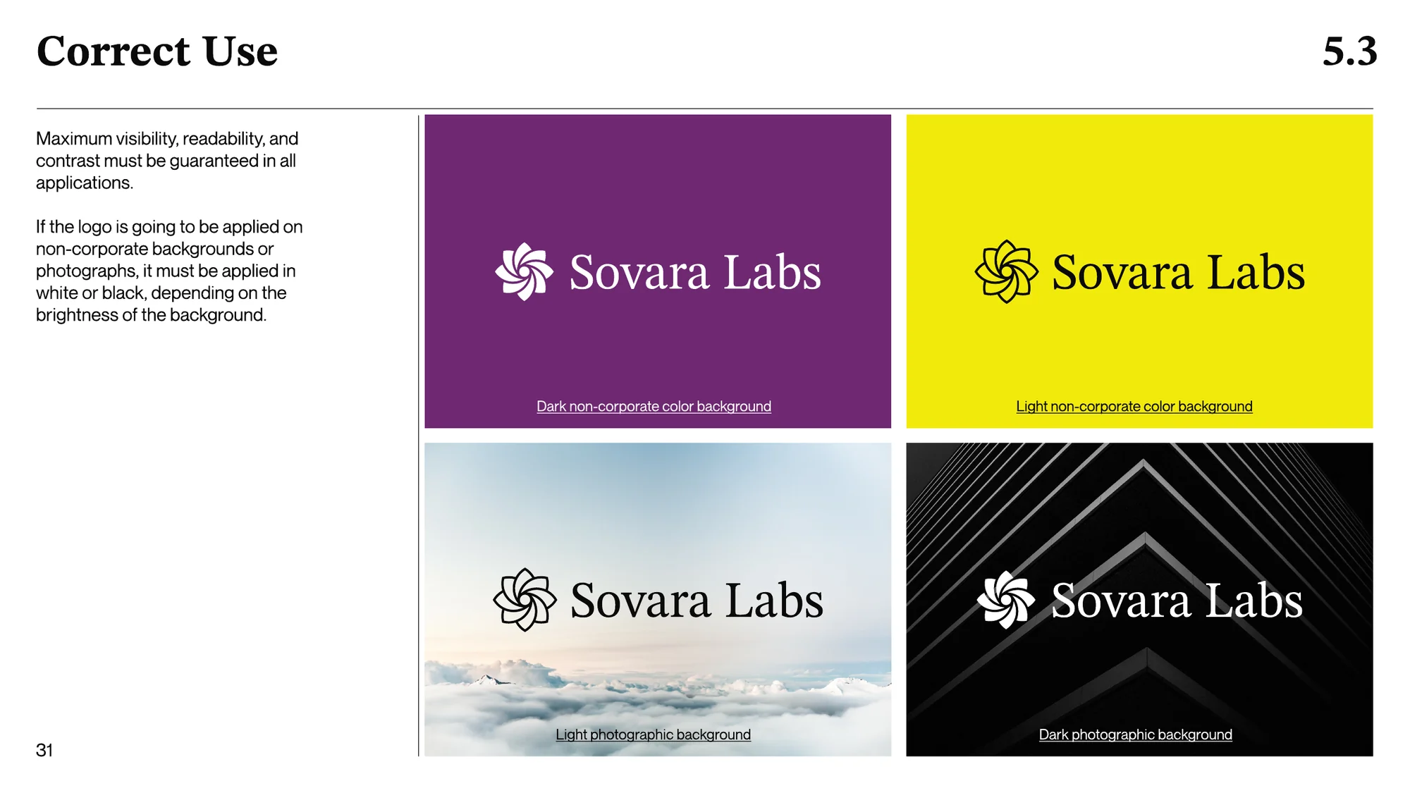 A page titled Correct Use: the logo in white on violet and on a dark photograph, and in black on yellow and on a picture of clouds.