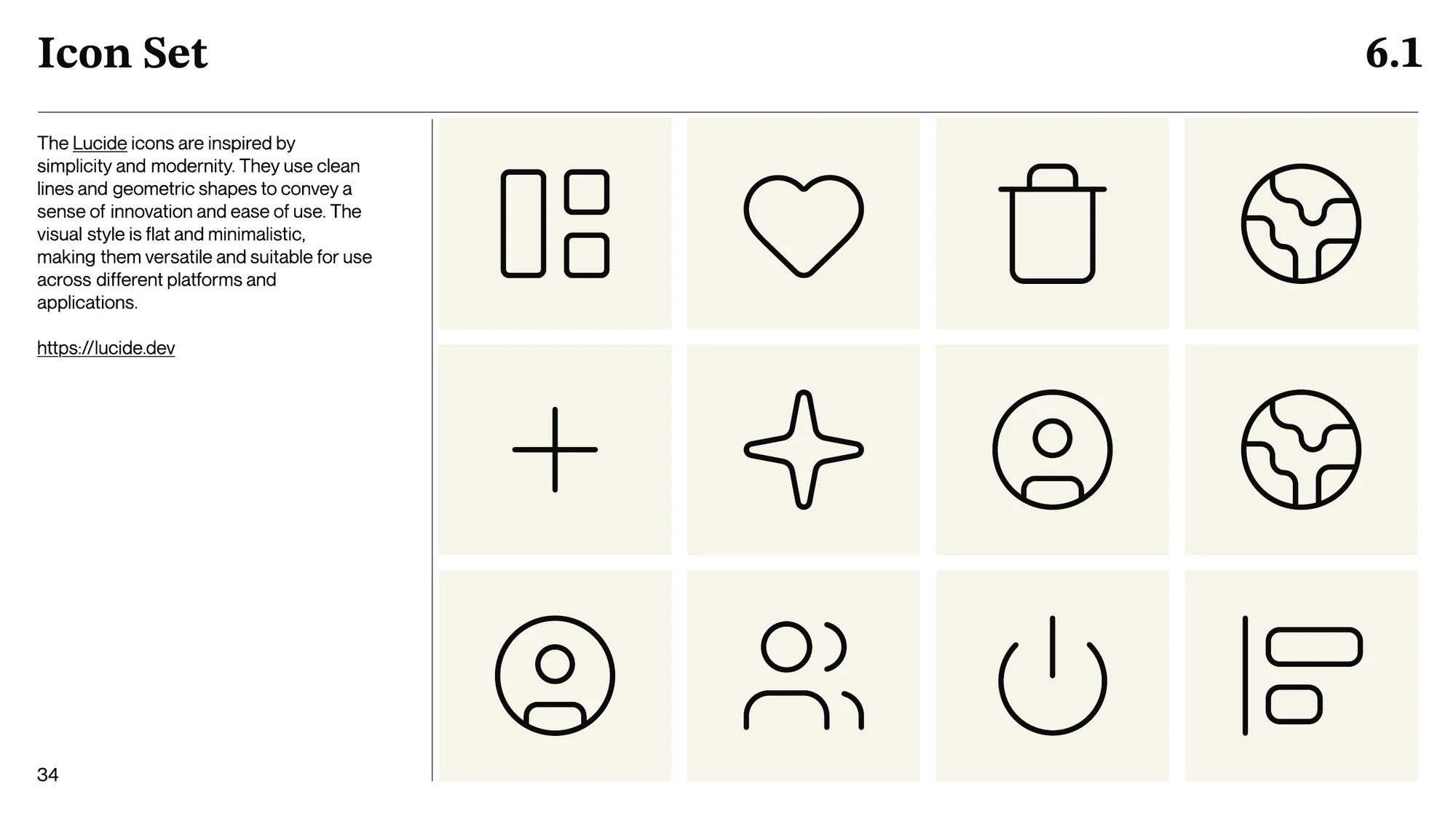 A page titled Icon Set: twelve line icons on cream tiles, among them a layout, a heart, a bin, a globe, a plus, a star, a person and a power mark.