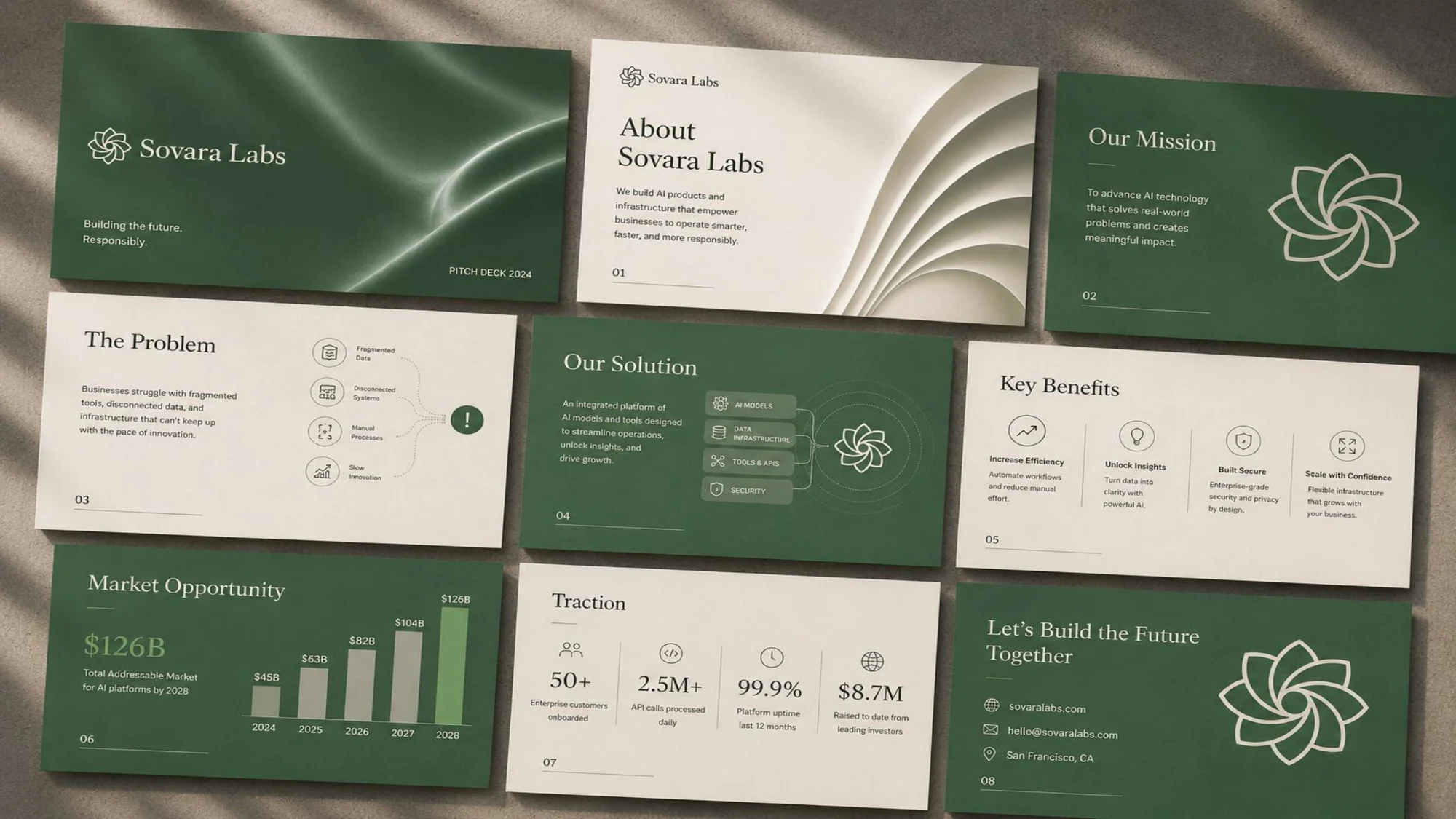 Nine presentation slides in dark green and cream laid out at an angle on a wall, with the logo, headings such as About Sovara Labs, The Problem, Our Solution, Market Opportunity and Traction, small charts and figures.