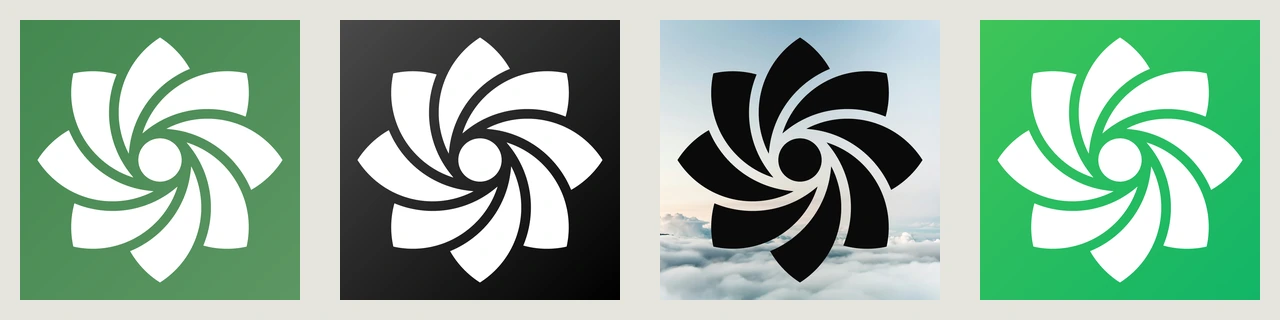 Four square app icons: the icon in white on dark green, in white on black, in black on a picture of clouds, and in white on bright green.