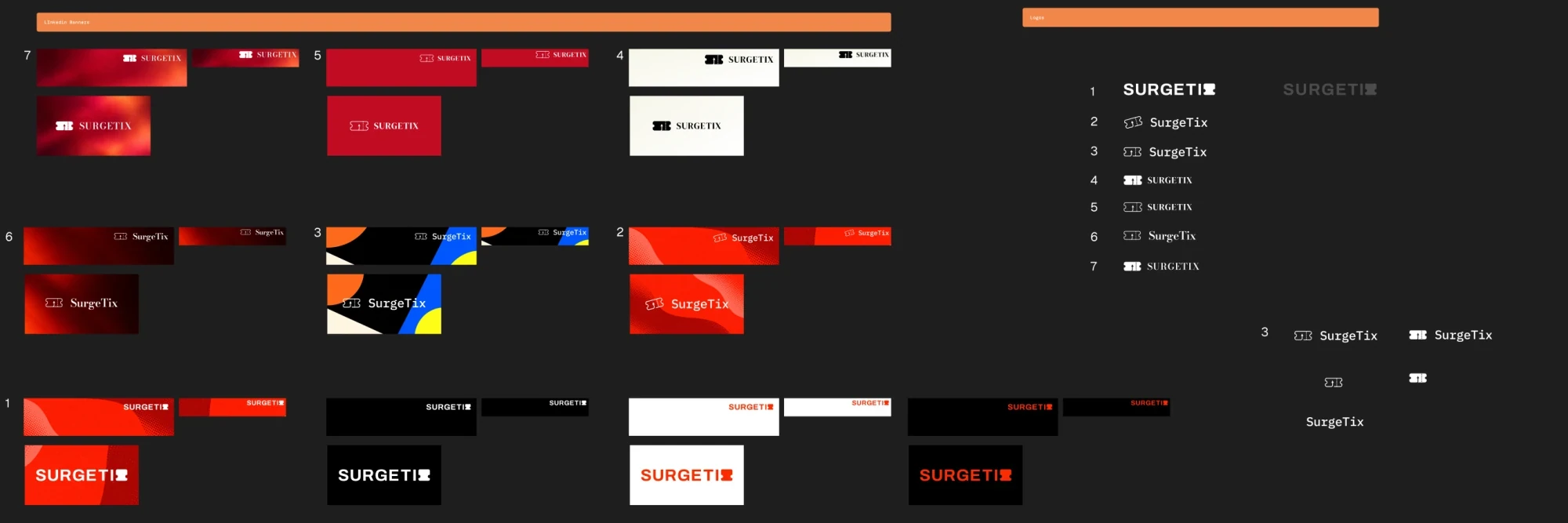 A wide dark board from the design file. At the right a numbered list of seven logo options: the name in heavy capitals with a ticket shape as the last letter, in a monospaced face with an outline ticket, in serif capitals with a filled ticket, in serif capitals with an outline ticket, and in a mixed case serif. At the left each option as banners in red, black, white and cream.
