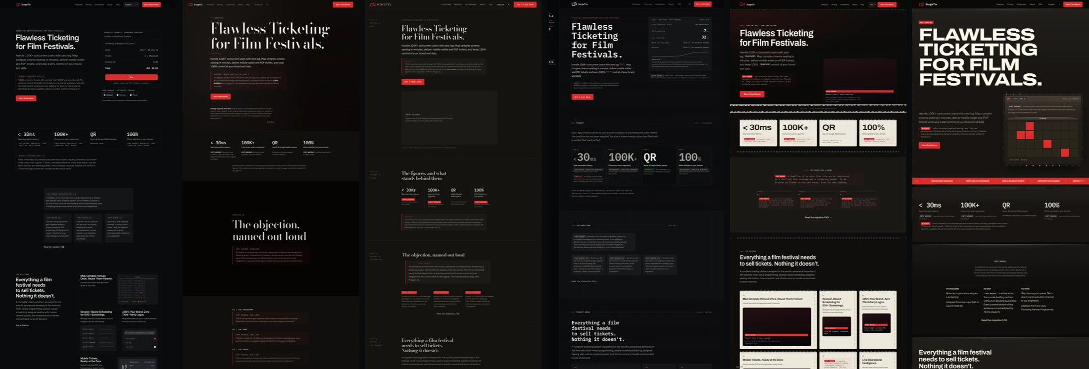Six tall, narrow page thumbnails side by side on black, all dark with red accents and the headline Flawless Ticketing for Film Festivals set in six different ways, from a small sans to large serif and heavy capitals.