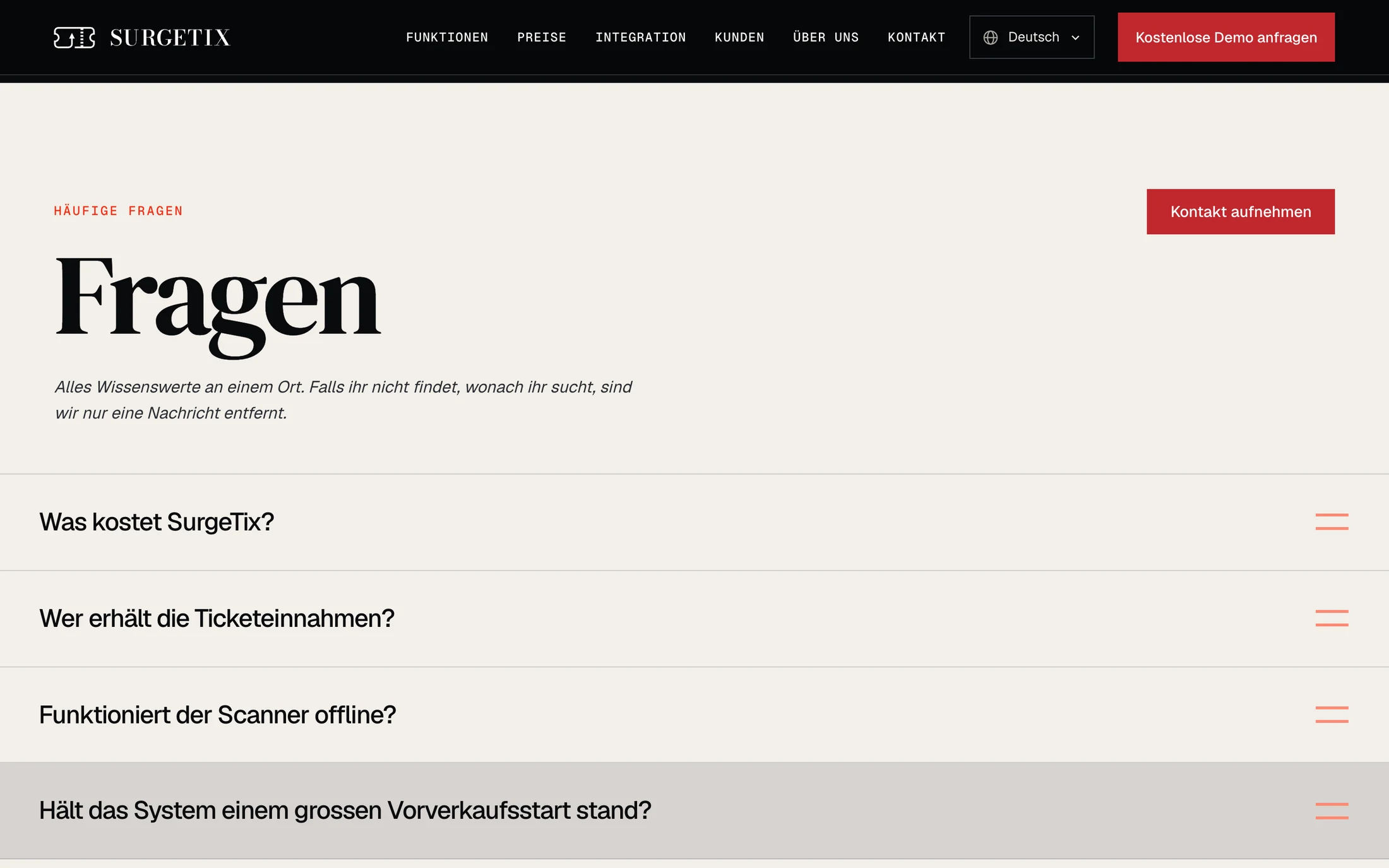A cream section of the site: the small red label Häufige Fragen, the large serif headline Fragen, a red button, and four questions in a list, each with a small red mark at the right.