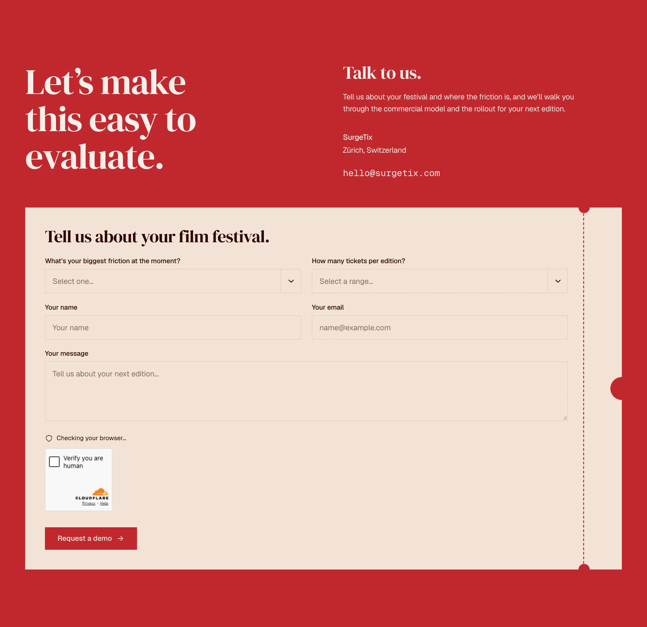 A red section: the serif headline Let’s make this easy to evaluate on the left, Talk to us with a short text, the place Zürich, Switzerland and an email address on the right, and below a cream ticket shaped card with a dashed perforation holding a form titled Tell us about your film festival: two dropdowns, name, email, a message field, a browser check and a red Request a demo button.