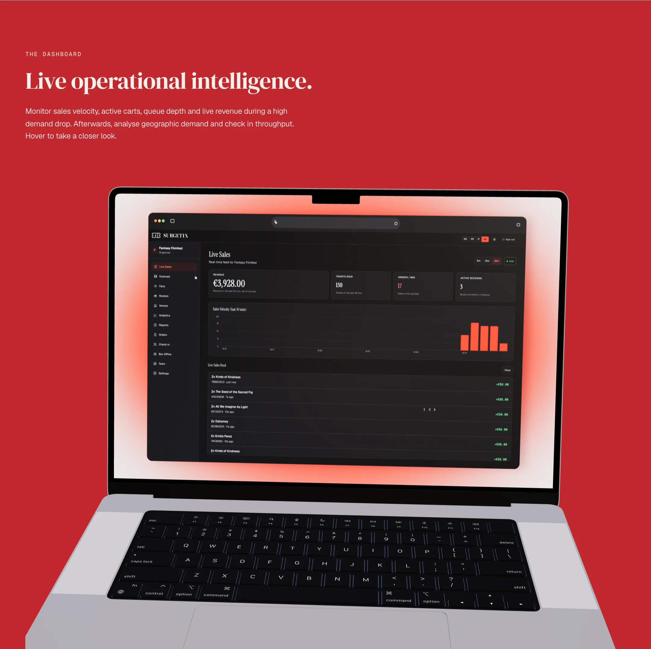 A red section: the label The dashboard, the serif headline Live operational intelligence and a short text, above a silver laptop whose screen shows a dark dashboard titled Live Sales with revenue, tickets sold, orders per minute, a bar chart in red and a feed of sales, with a soft red glow behind the screen.