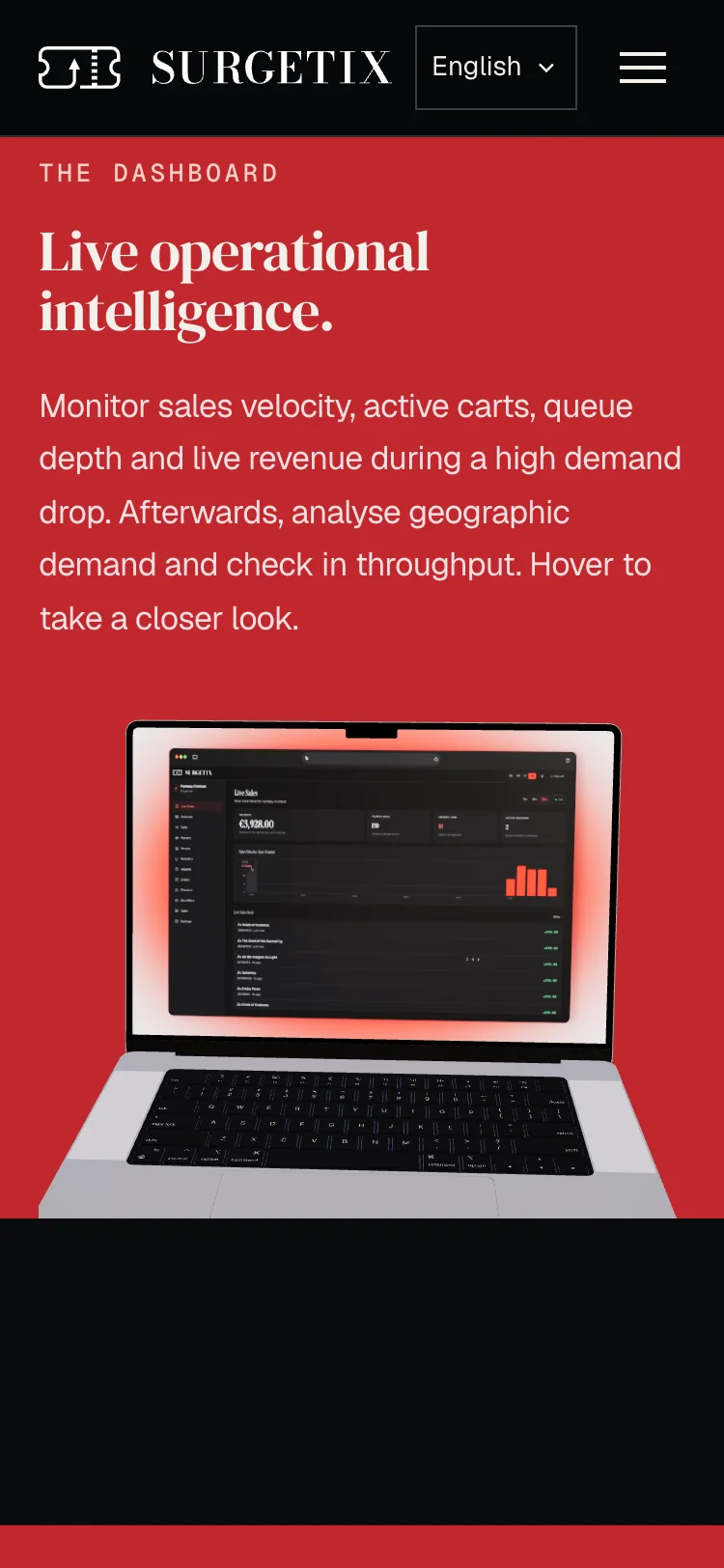 The dashboard section at phone width: the label, the headline over two lines, the text, and the laptop with the dashboard on its screen.