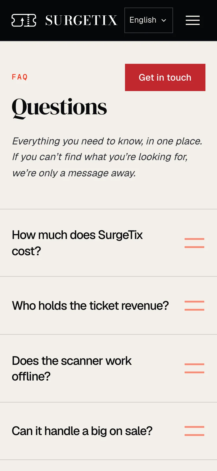 The questions at phone width: the label, the red button, the heading, the line in italics and the four questions in rows.