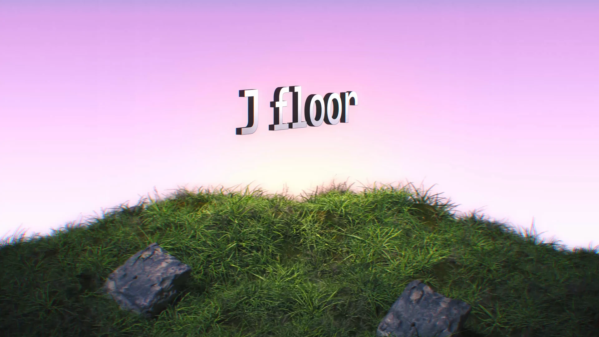 Still of the animation: the letters J floor seen at an angle, small, above a grassy hill with two rocks, under a pink and violet sky.