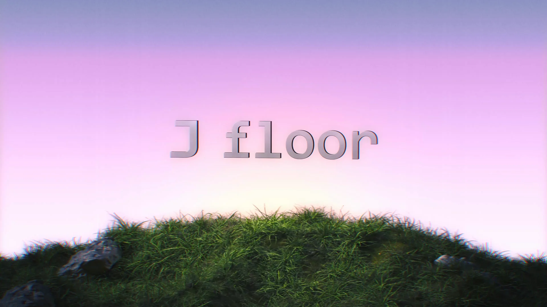 Still of the animation: the words J floor as raised pale letters, seen from the front, above the grassy hill under the pink sky.
