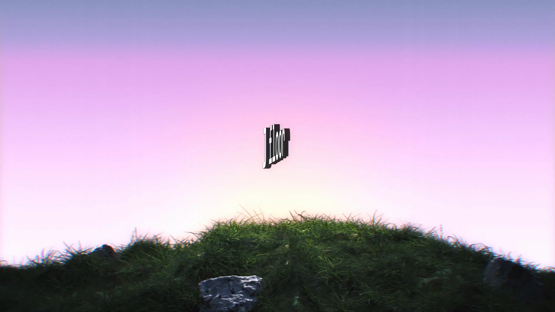 Still of the animation: the letters turned edge on to the viewer, a thin dark stroke above the hill.