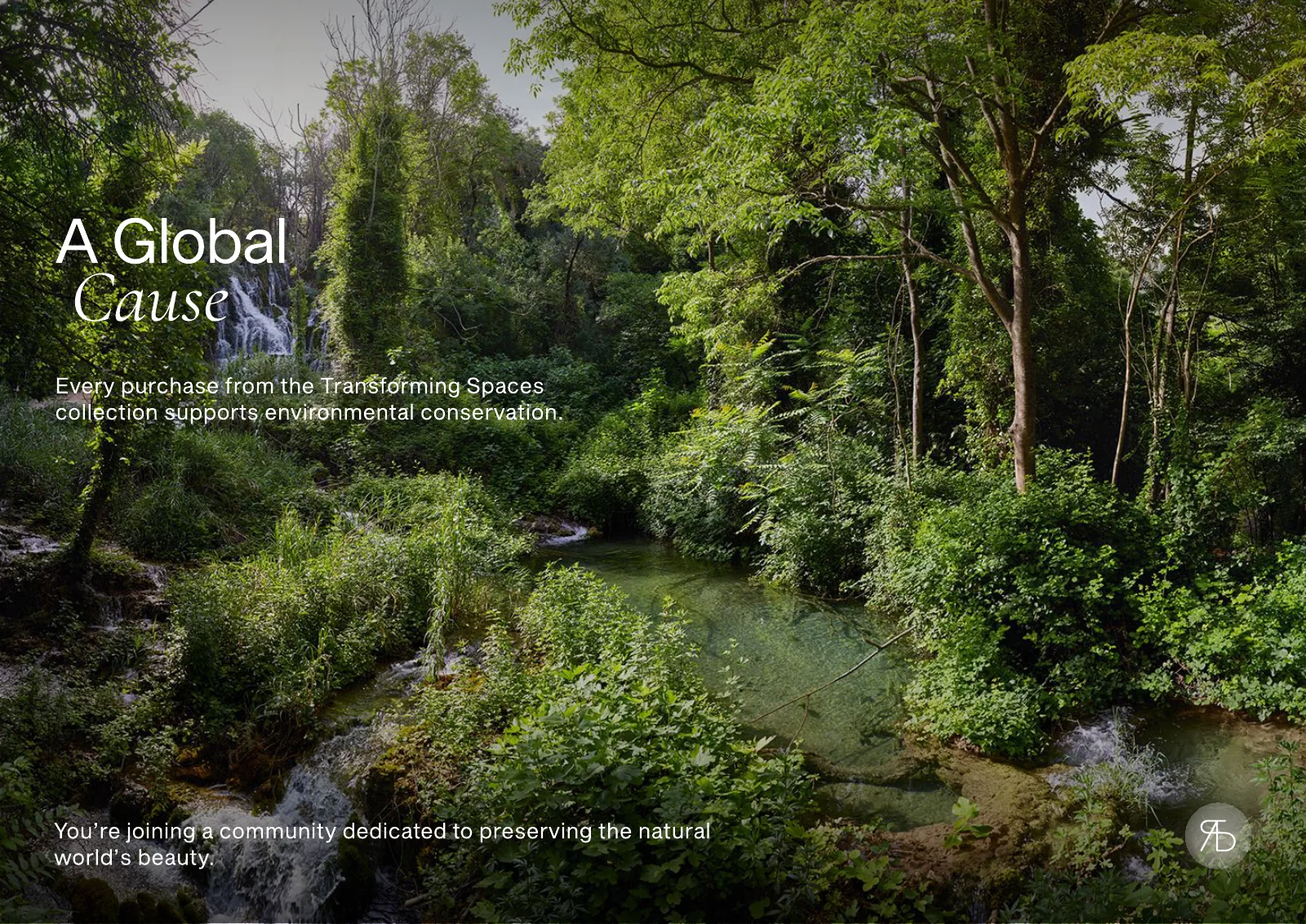 Page of the pitch deck: a photograph of a green river valley with dense trees, with the heading A Global Cause and two short texts about conservation.