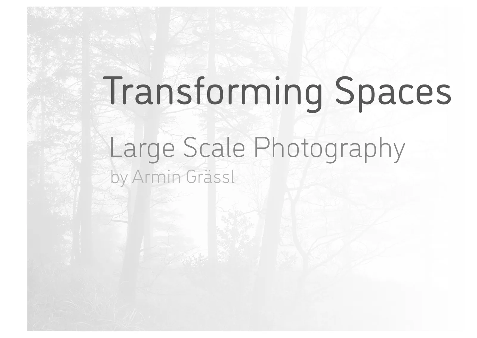 Cover of the catalogue: the words Transforming Spaces, Large Scale Photography by Armin Grässl in grey on a pale, misty forest photograph.