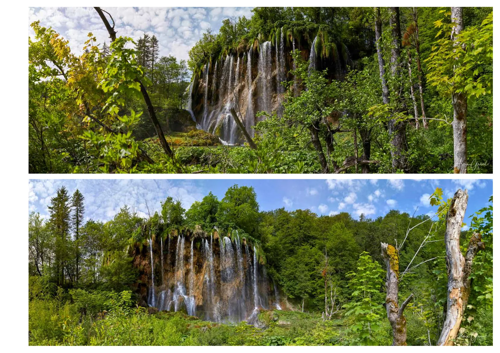 A catalogue page with two wide panoramas, one above the other: a waterfall falling through green forest under a cloudy sky, and the same falls from further away with a broken tree trunk.