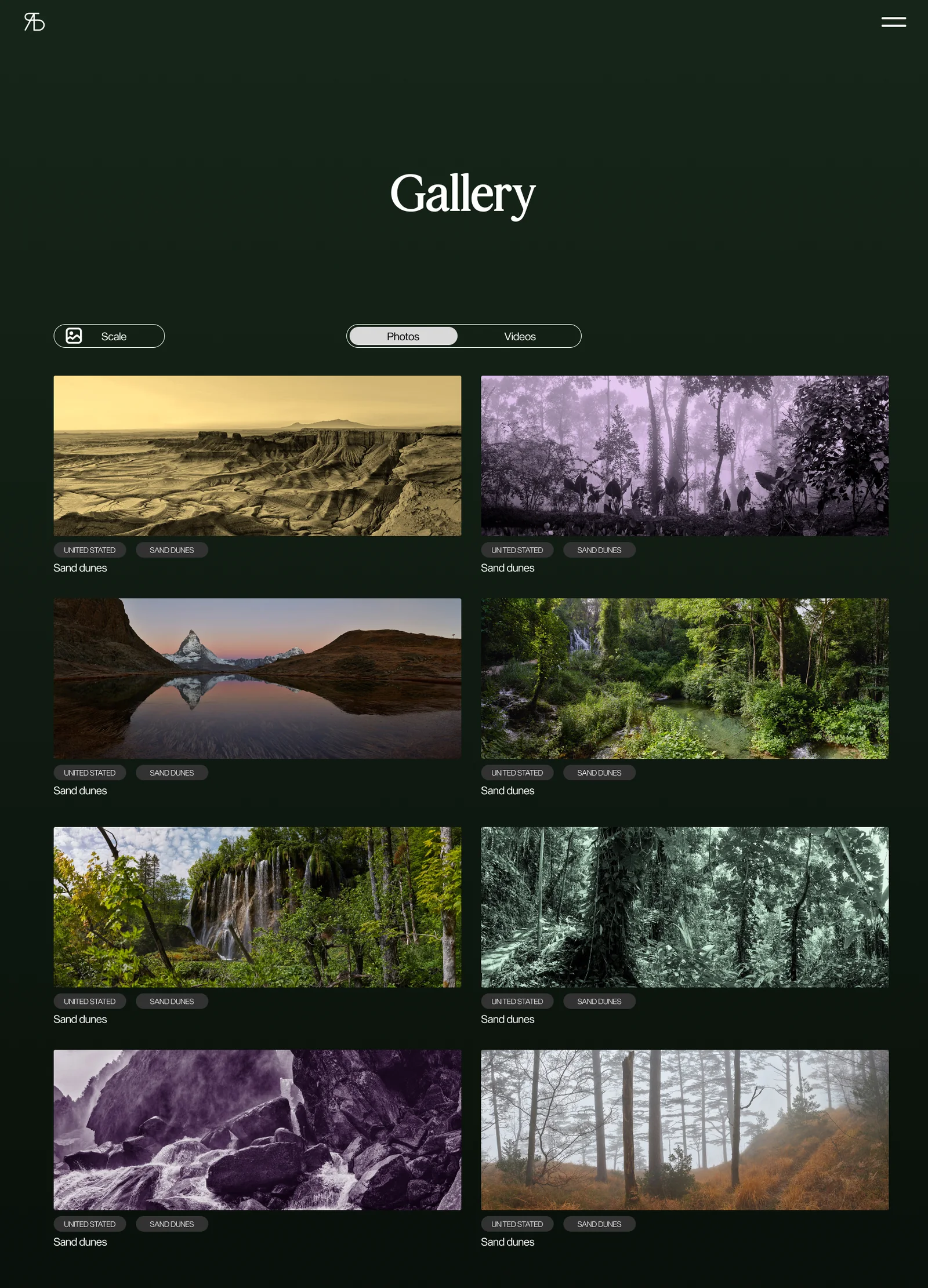 A design frame of the Gallery page on dark green: the heading Gallery, a Scale button, a switch between Photos and Videos and eight panoramas in two columns, each with two small tags and a title under it.