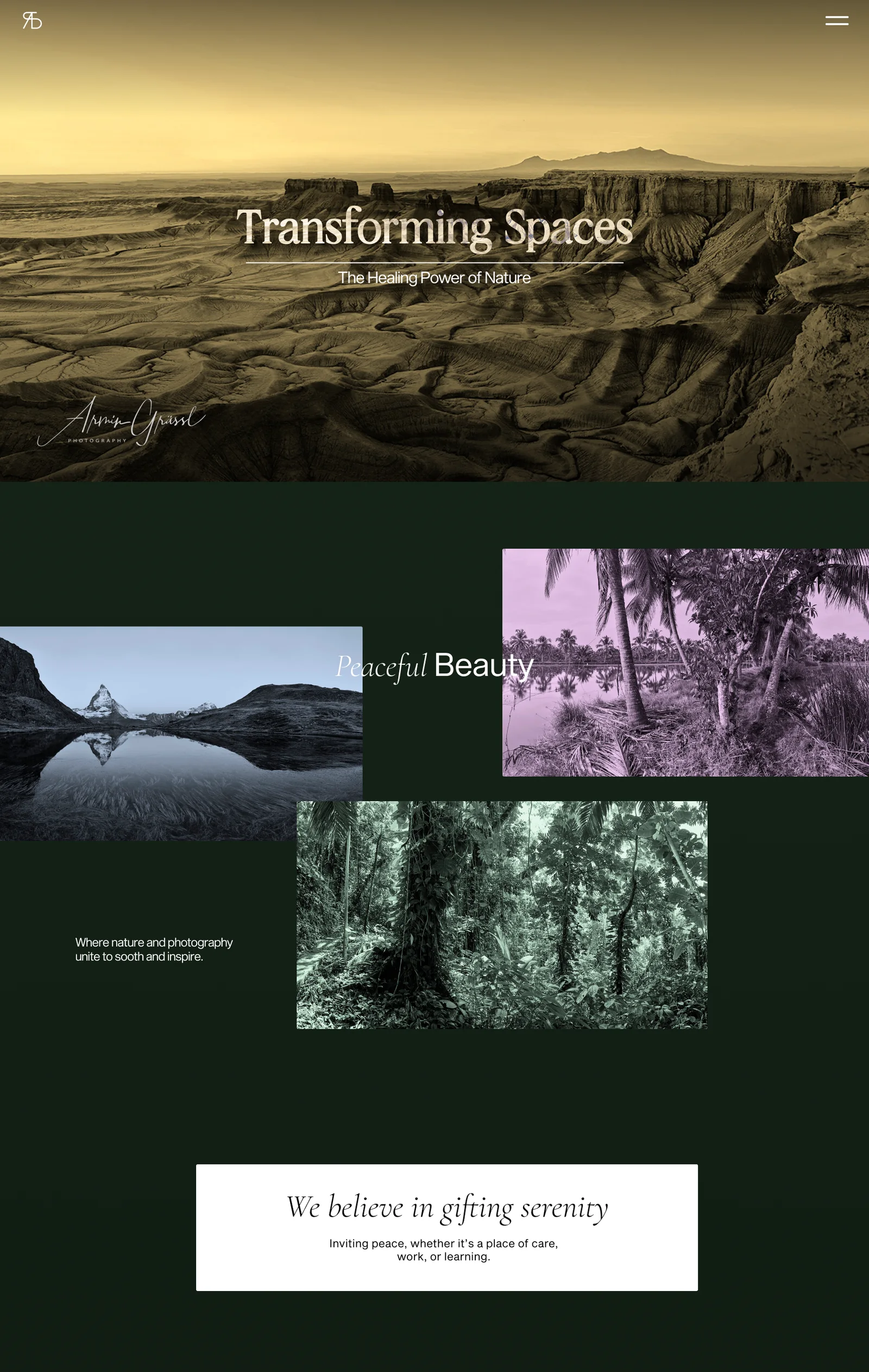 A design frame of the home page, upper part. A sand coloured canyon panorama with the words Transforming Spaces on a rule and a signature mark, then a dark green ground with three tinted photographs around the words Peaceful Beauty, then a white card with the line We believe in gifting serenity.