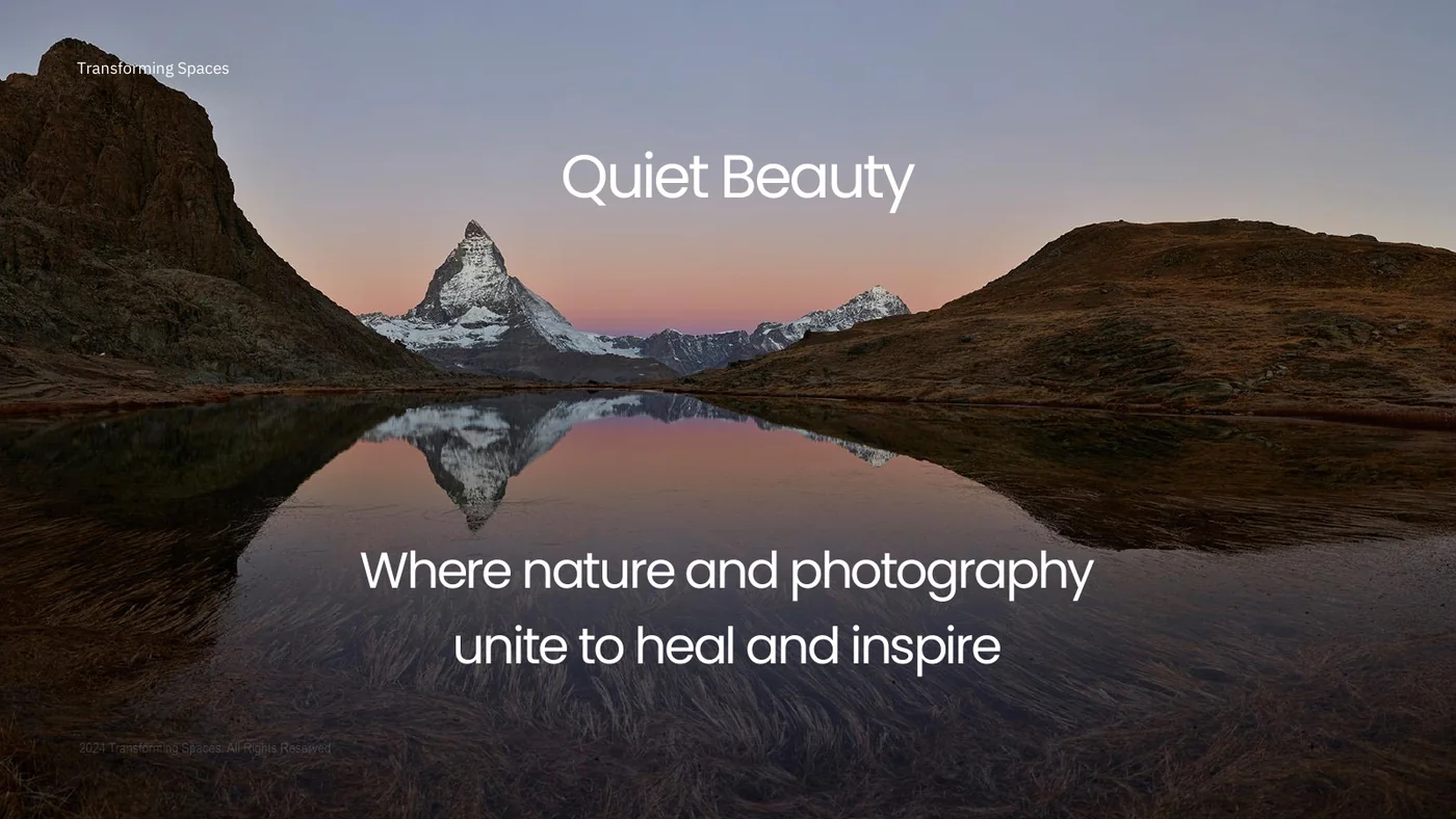 An early deck page: the mountain mirrored in a lake fills the page, the words Quiet Beauty stand centred near the top in a plain sans serif and the line Where nature and photography unite to heal and inspire is centred in the lower half.