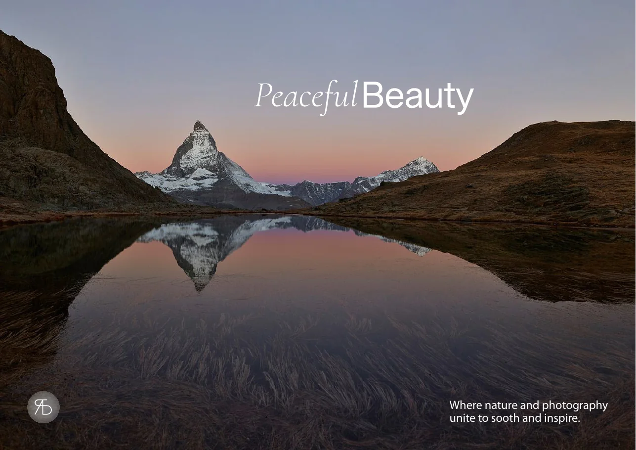 The same page in the final A4 deck: Peaceful Beauty at the top right, the line at the bottom right and the round icon at the bottom left.