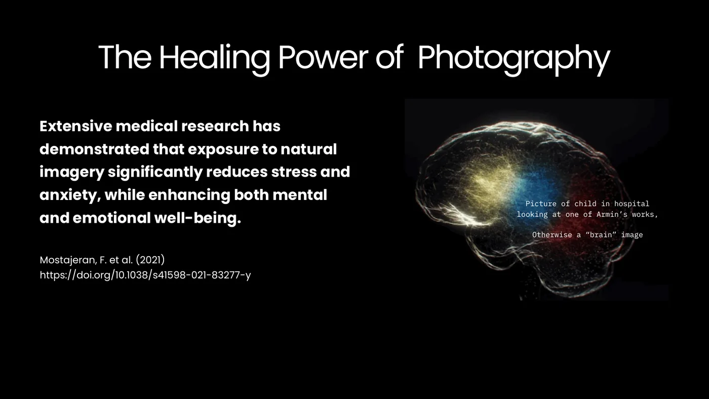 An early deck page on black: the heading The Healing Power of Photography centred, a bold text on the left with a source and a link under it, and a glowing brain on the right with a small typed note laid over it.