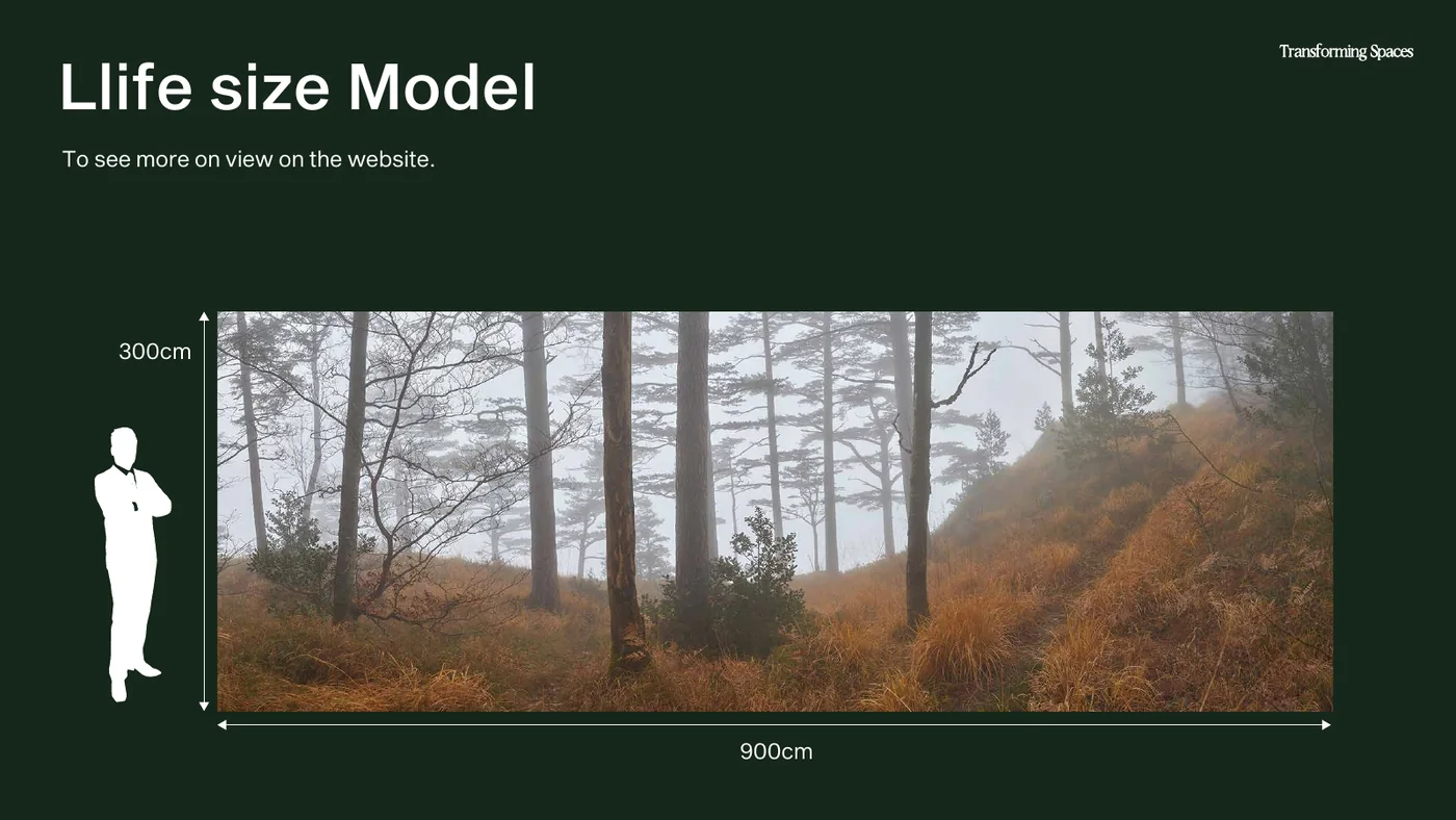 A deck page on dark green in the file named 2V with the heading Llife size Model: a white silhouette of a standing person beside a misty forest panorama, with dimension lines marked 300cm and 900cm.