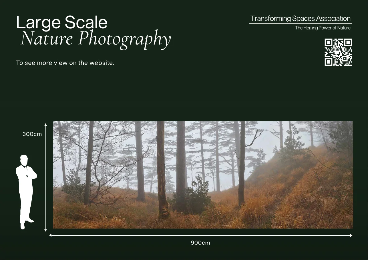 The same page in the final A4 deck with the heading Large Scale Nature Photography, the second line in serif italics, a QR code and the logo at the top right.
