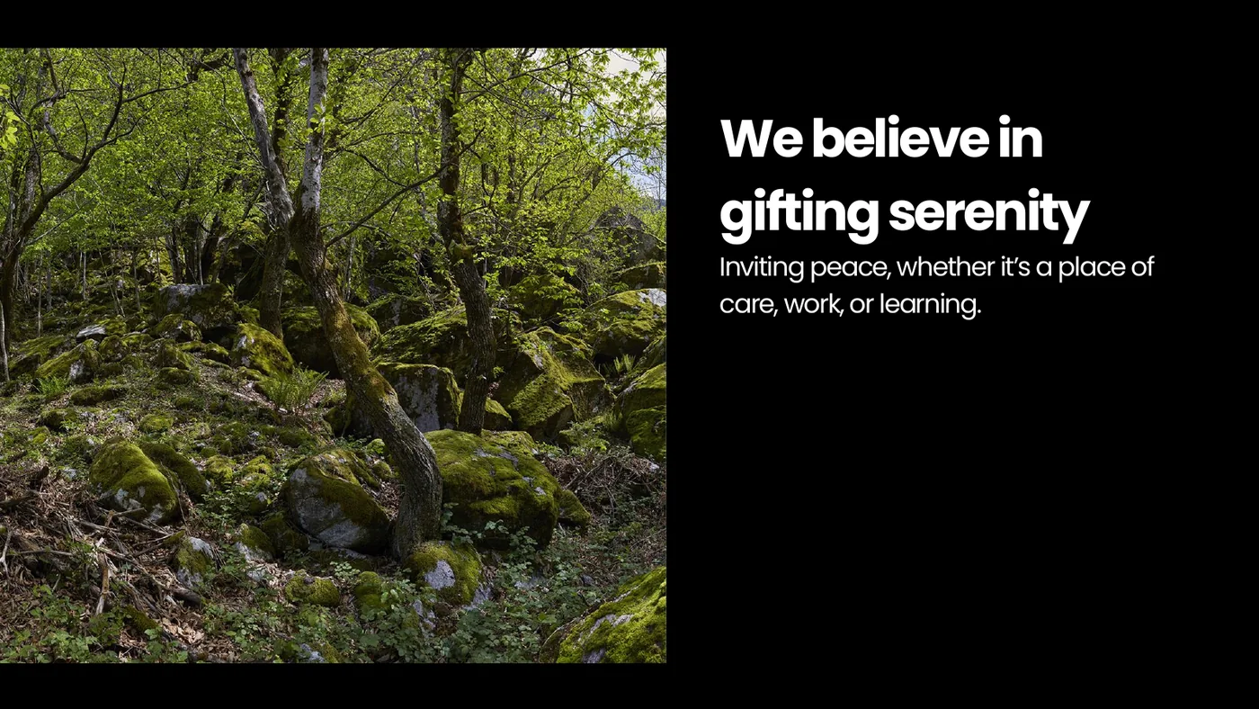 An early deck page on black: a forest photograph on the left half and the words We believe in gifting serenity in bold sans serif on the right.