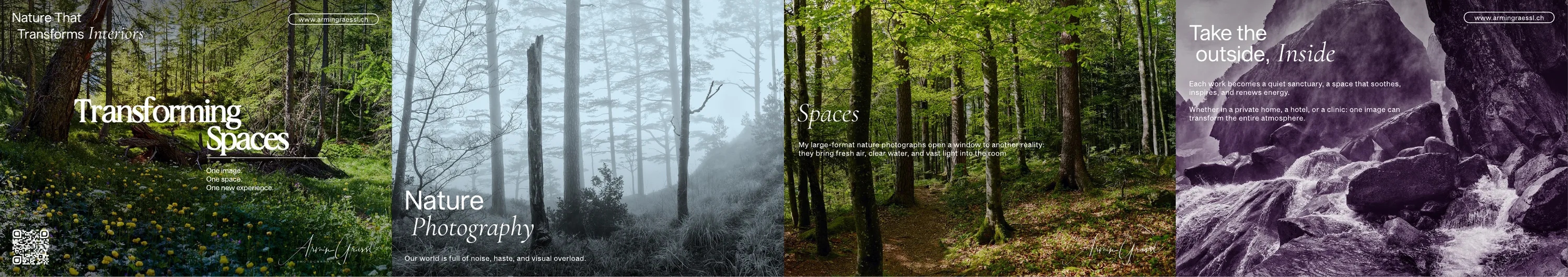 The inside of a second flyer, four panels side by side: Transforming Spaces with the line Nature That Transforms Interiors on a sunlit forest, Nature Photography on a misty forest, Spaces on a green beech forest, and Take the outside, Inside on the violet tinted stream between rocks.