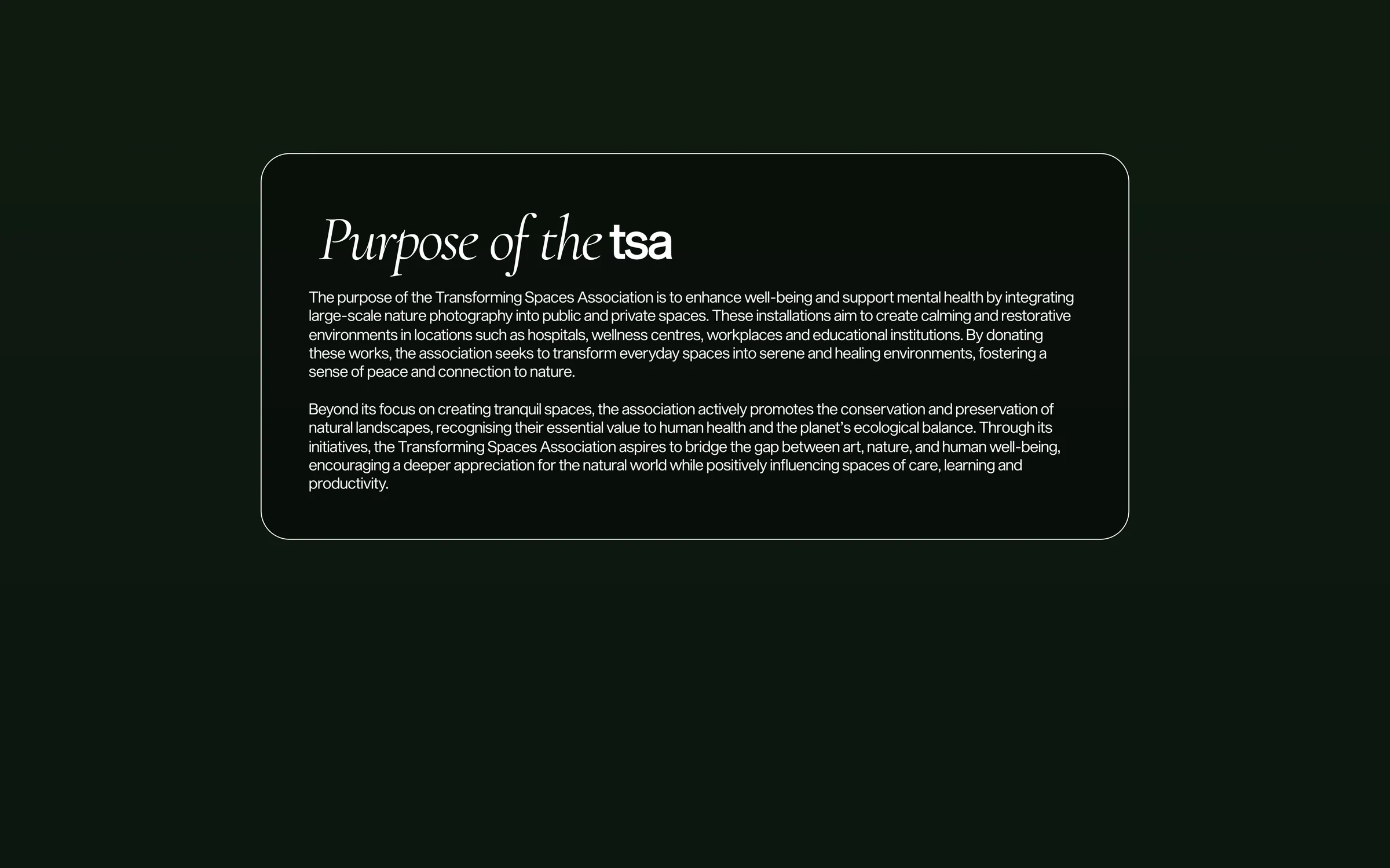 An outlined panel of the About page on dark green with the heading Purpose of the tsa and two paragraphs of small text.