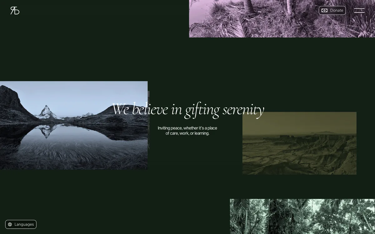 A dark green screen with four photographs of different sizes placed around the serif italic line We believe in gifting serenity: the mountain lake, a sand coloured canyon, and two forest pictures tinted violet and grey green.