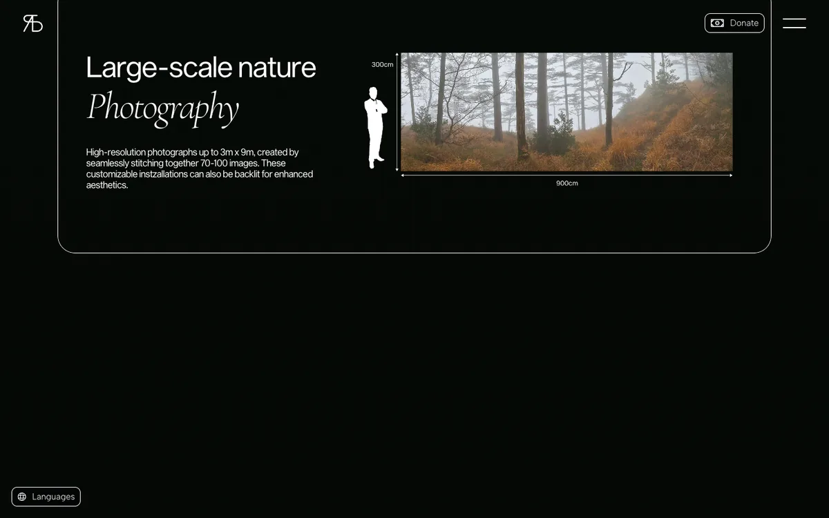 A panel on a near black ground with the heading Large-scale nature Photography. Beside the text a white silhouette of a standing person is drawn next to a wide forest panorama, with dimension lines marked 300cm for the height and 900cm for the width.