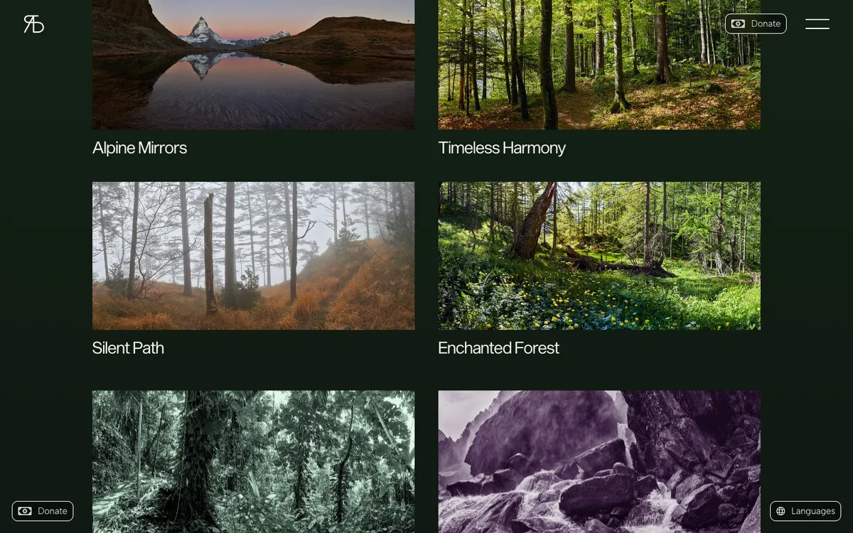 The Gallery page of the website on dark green: a grid of two columns of panoramic nature photographs, each with its title under it.