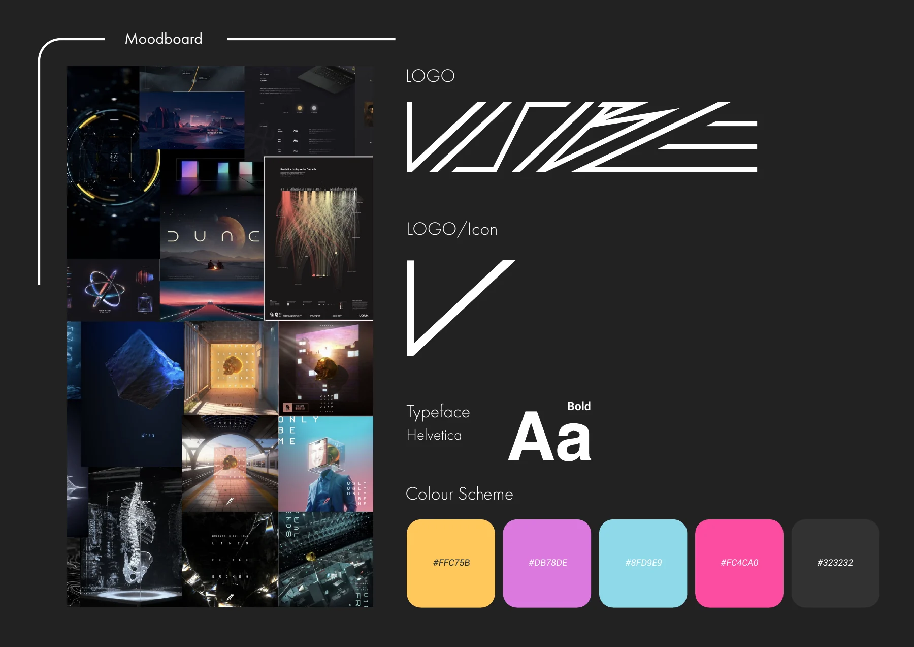 Documentation page on dark grey. Left, under the label Moodboard, a collage of dark reference pictures with glowing lines, cubes and neon light. Right: the white line logo under the label LOGO, the white V under LOGO/Icon, Typeface Helvetica with a large Aa in bold, and under Colour Scheme five rounded swatches in yellow, orchid, light blue, pink and dark grey with their hex codes.