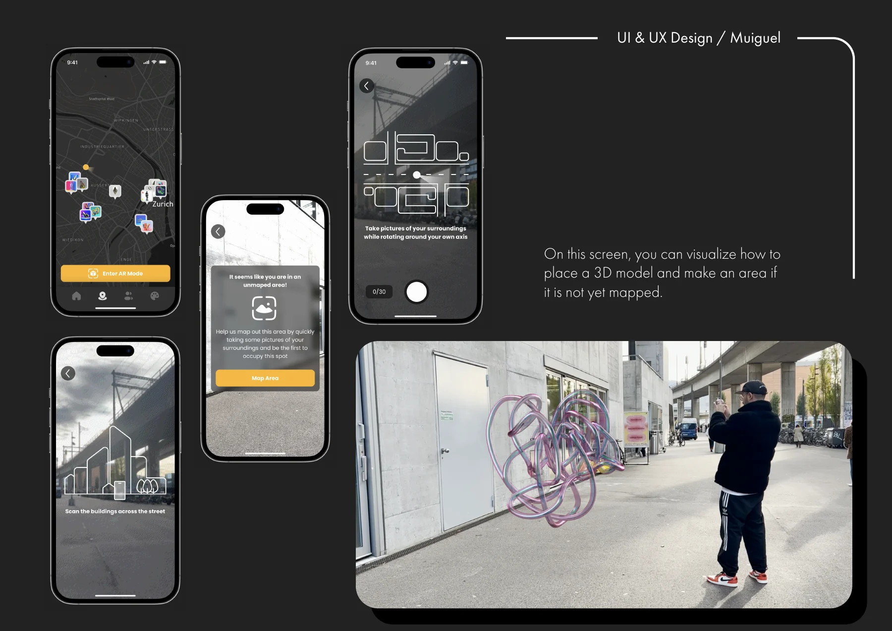 Documentation page with four phones showing the map, the scan instruction, the unmapped area dialog and the mapping counter, and a photo of a man seen from the side and behind who holds his phone up to a pink looped sculpture that floats in front of a concrete wall.