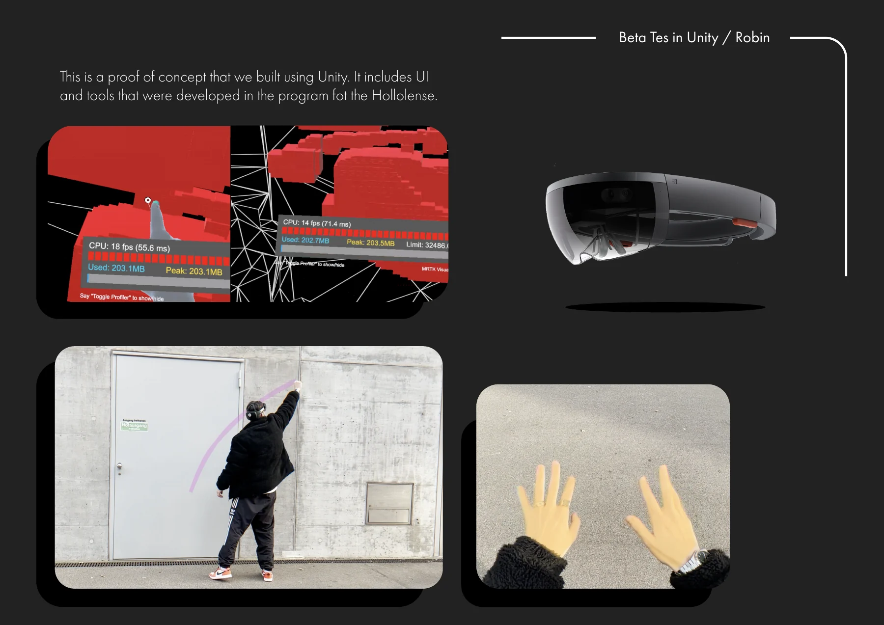 Documentation page: two captures of red block shapes and a white room mesh with a profiler panel, a HoloLens headset, a photo of a person seen from behind drawing a pink line on a concrete wall while wearing the headset, and a view of two hands held out over asphalt. Label at the top right: Beta Tes in Unity / Robin.
