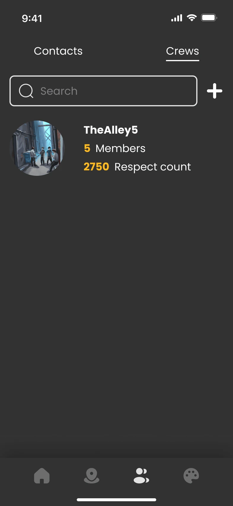 Contacts screen, tab Crews: one crew named TheAlley5 with 5 members and a respect count of 2750.