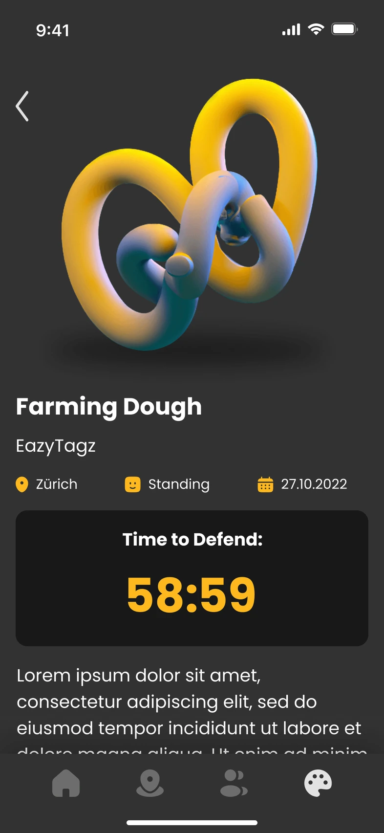 Piece screen for Farming Dough by EazyTagz with a black card reading Time to Defend: 58:59 in large yellow digits, above filler body text.