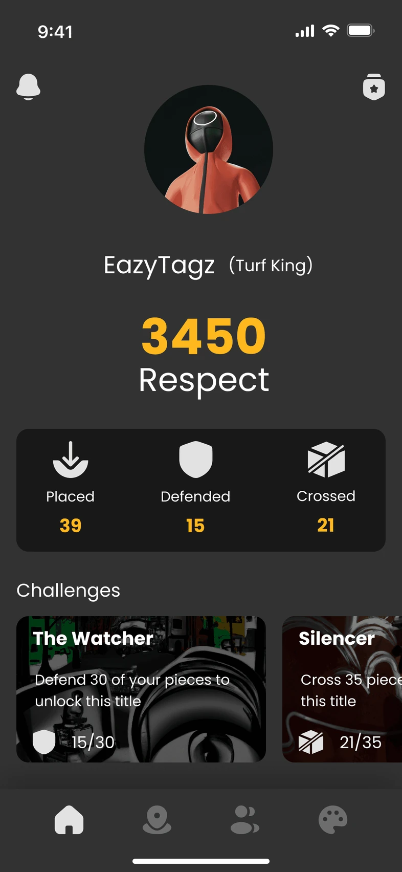 Home screen of the Visible app, dark grey: a round avatar, the name EazyTagz with the title Turf King, 3450 Respect in yellow, counters for Placed 39, Defended 15 and Crossed 21, two challenge cards named The Watcher and Silencer, and a tab bar with four icons.