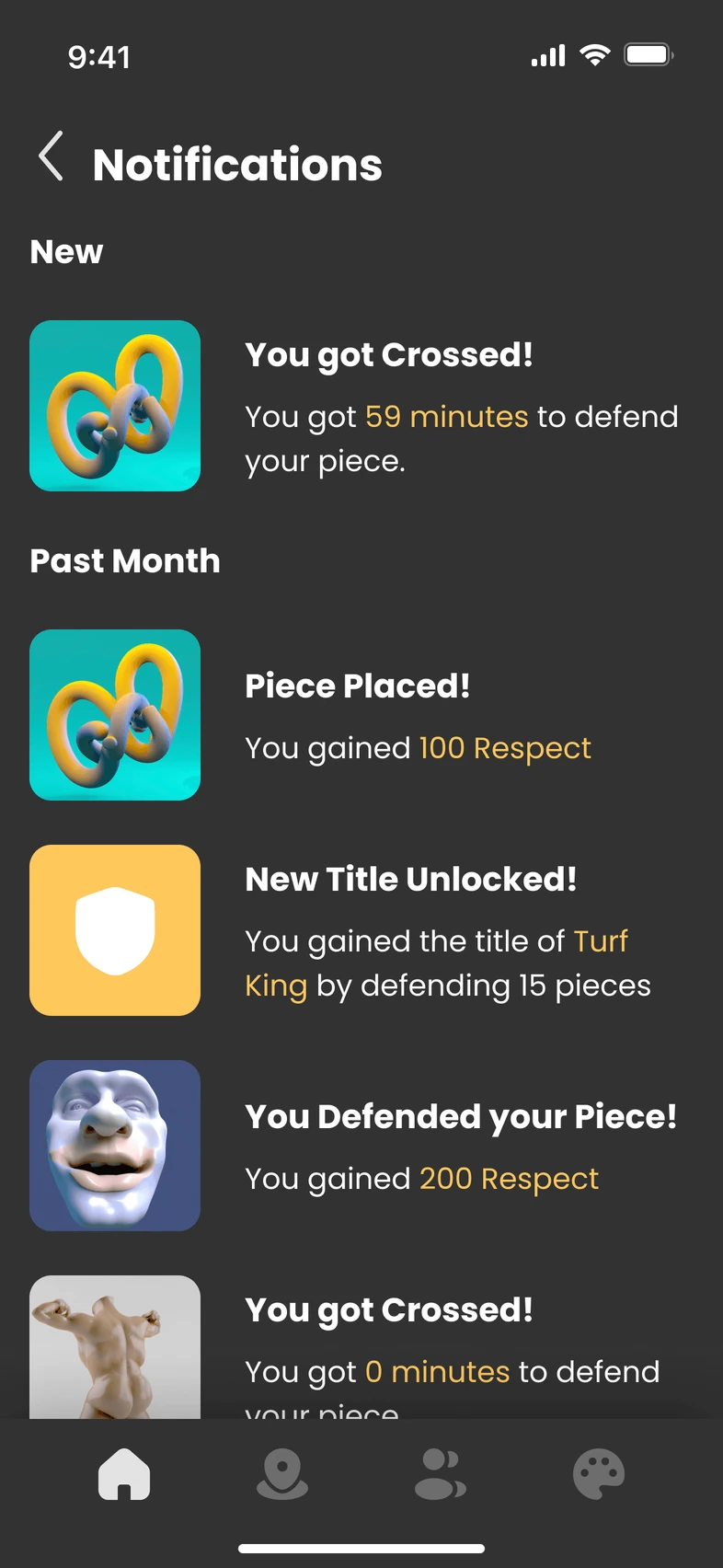 Notifications screen: under New, You got Crossed! You got 59 minutes to defend your piece. Under Past Month: Piece Placed, you gained 100 Respect. New Title Unlocked, Turf King. You Defended your Piece, you gained 200 Respect.