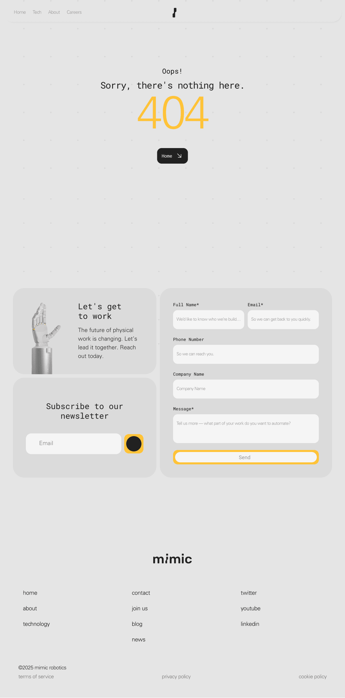 Capture of the 404 page: Oops! Sorry, there's nothing here. above a large yellow 404 and a dark Home button, then the contact form, the newsletter field and the footer.