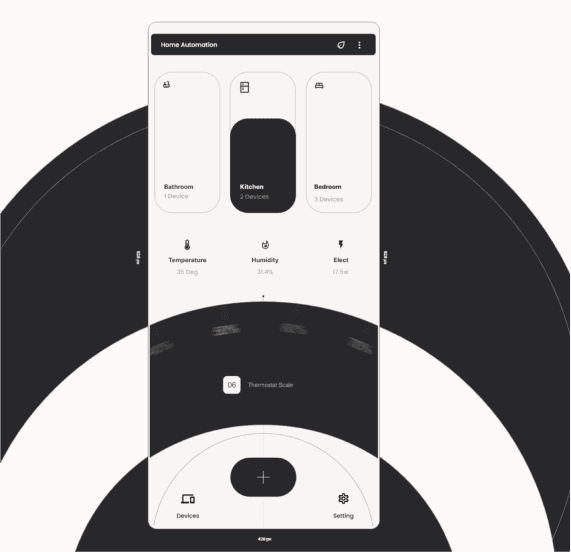 Moodboard reference: a home automation app screen in black and off white with rounded cards and a large round dial.