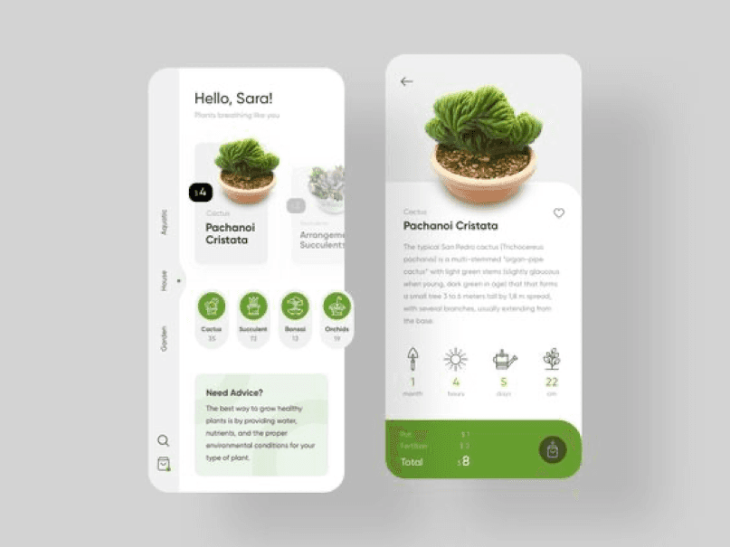 Moodboard reference: two screens of a plant app on light grey, one greeting Hello, Sara! with plant cards and round green icons, one showing a cactus named Pachanoi Cristata with a green bar at the bottom.